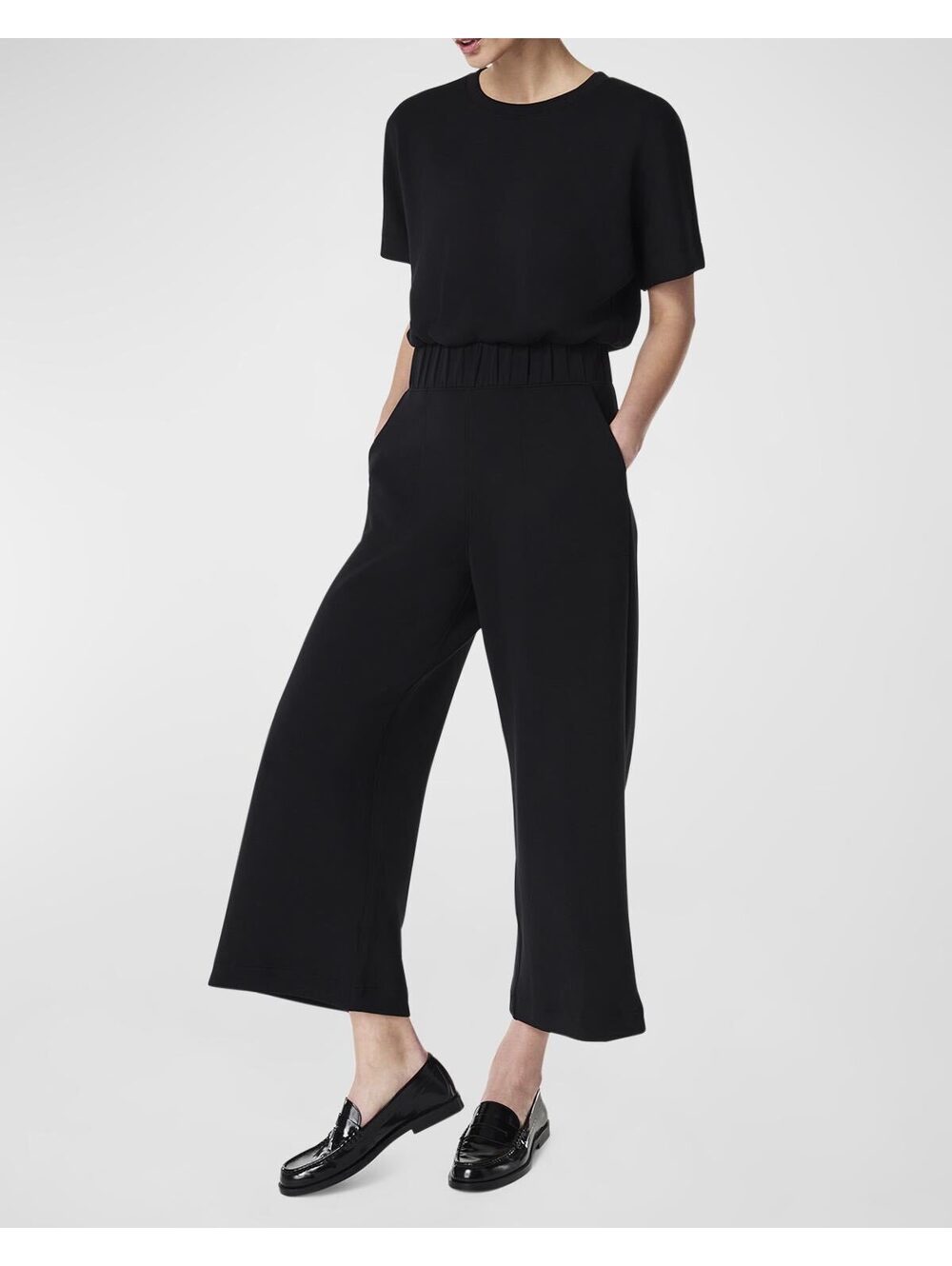 Spanx AirEssentials Cropped Wide Leg Jumpsuit Size L Black Travel Athleisure